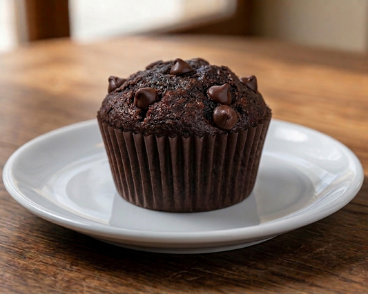 Muffin town double Chocolate muffin on a white plate with a blurred background