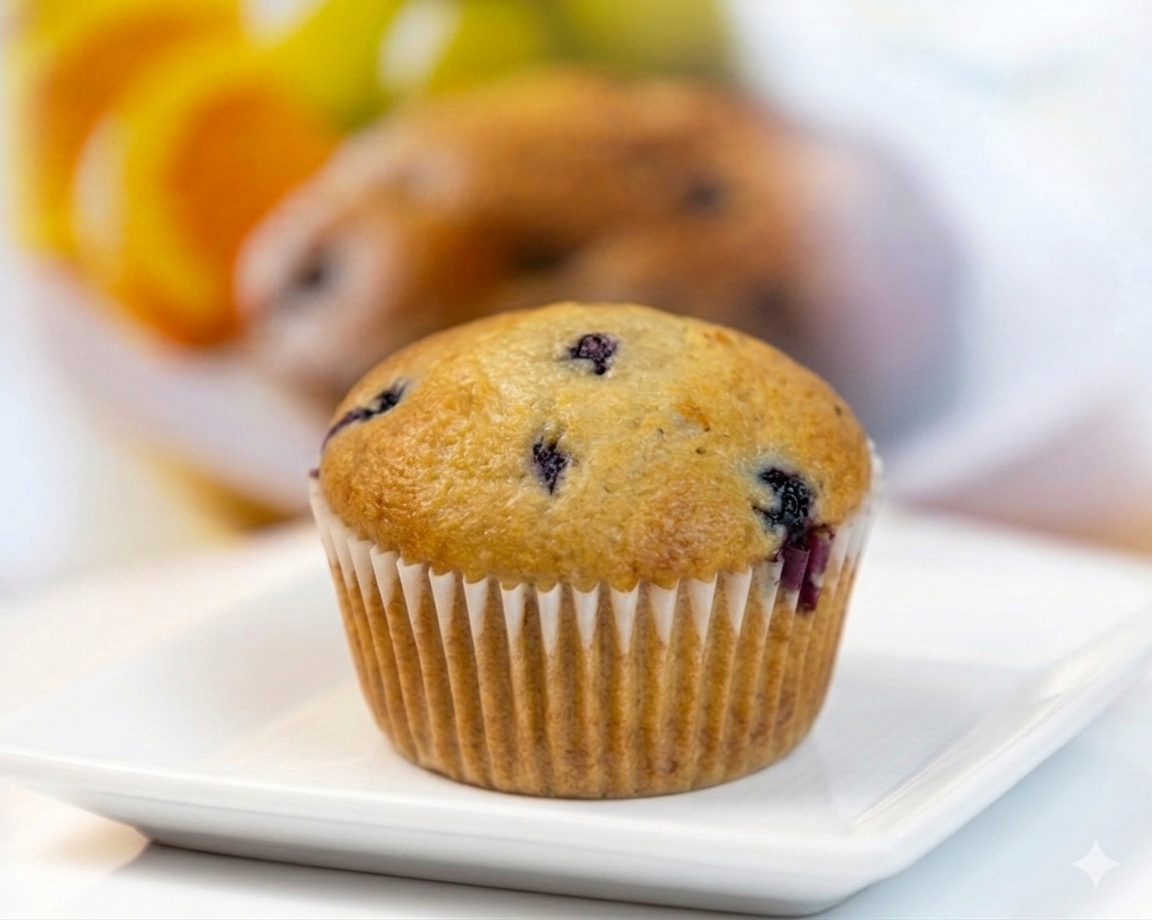 SMART CHOICE Blueberry muffin on a white plate with blurred fruits in the background