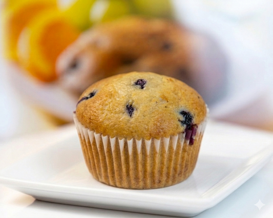 SMART CHOICE Blueberry muffin on a white plate with blurred fruits in the background