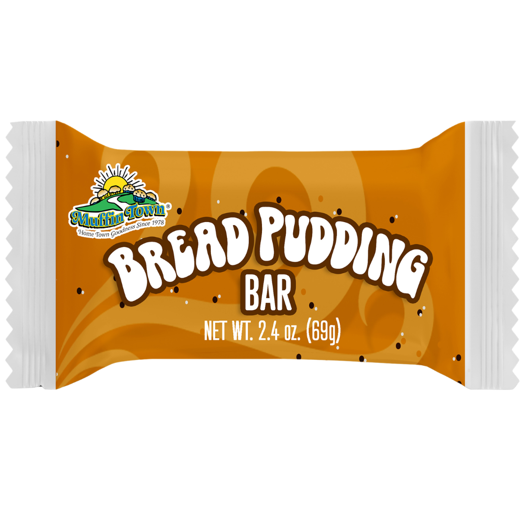 Bread pudding bar packaging with 'Muffin Town' logo on a white background